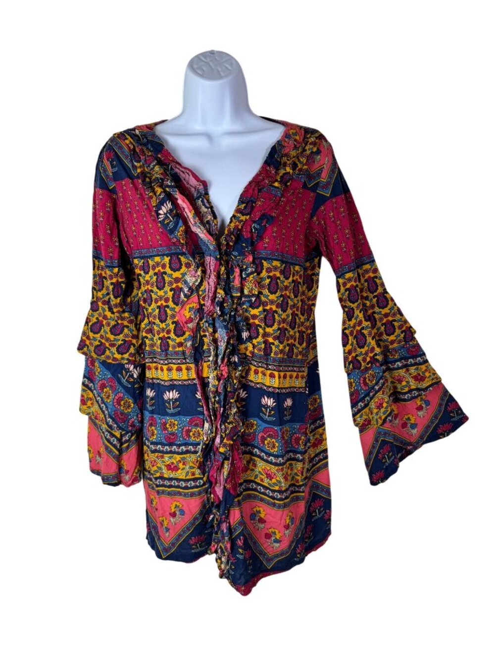 Novella Royale Boho Floral Print Bell Sleeve Tunic Top Size Small Artsy Western